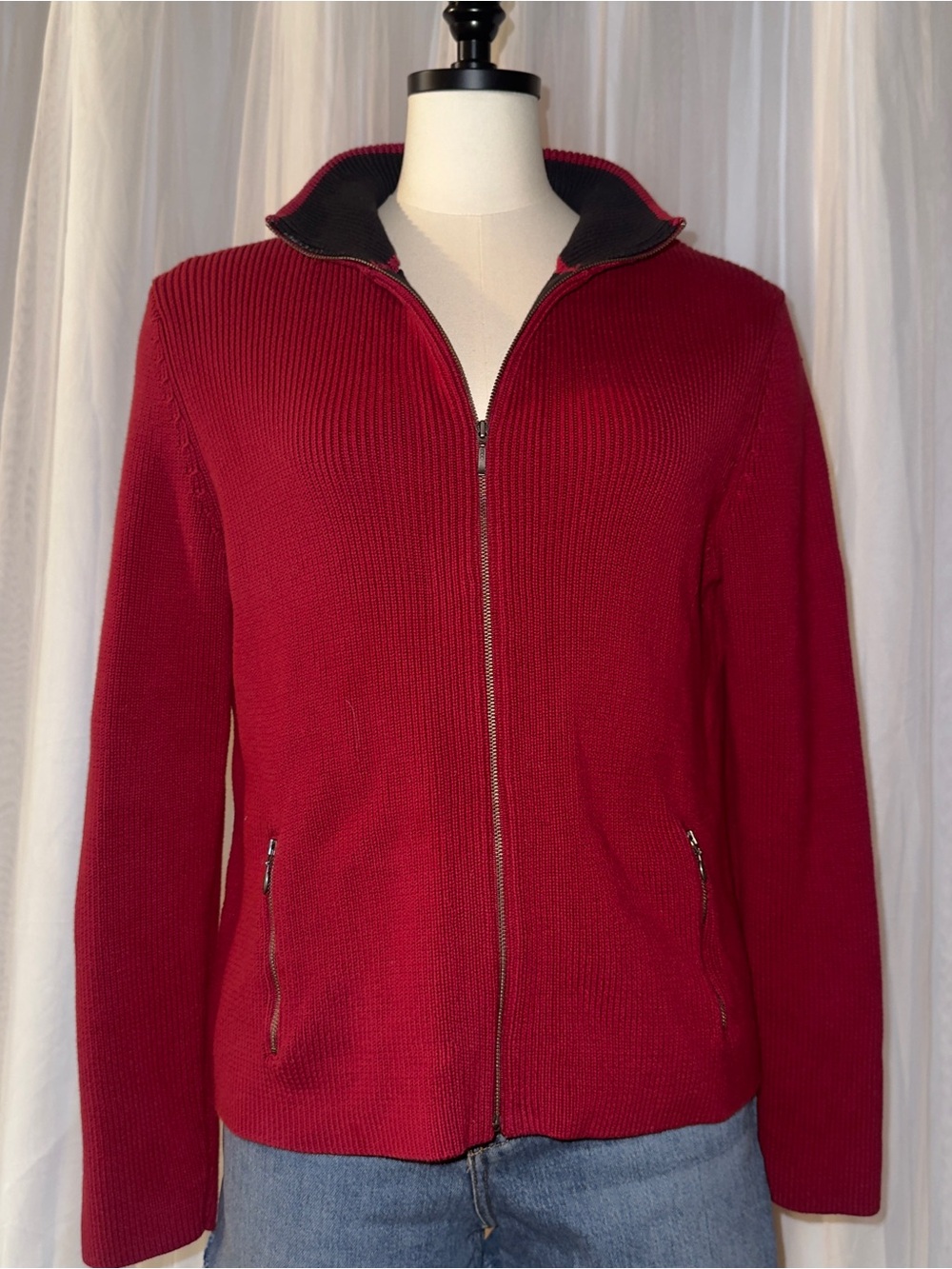 Eddie Bauer Red Zip-Front Cotton Knit Cardigan